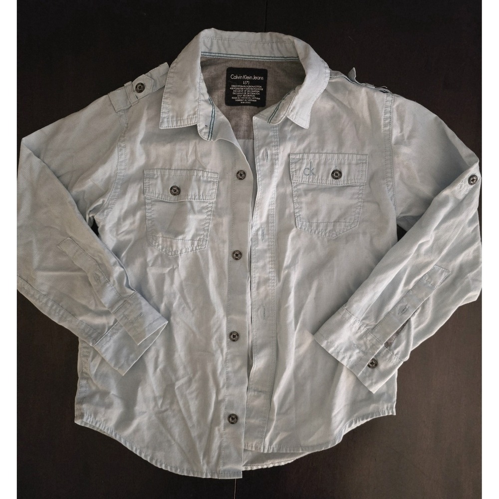 Calvin Klein Jeans Boys Light Blue Striped Button Down Shirt Size L 7